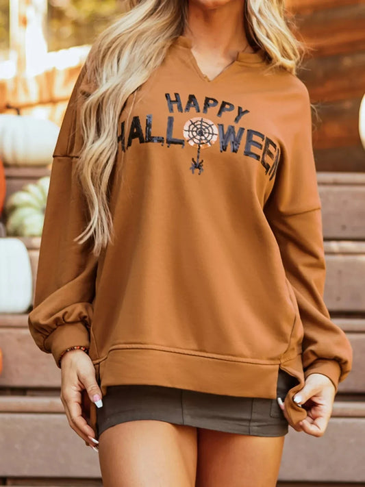 Halloween sweaters Terracotta / S Happy Halloween Graphic Notched Long Sleeve Loose Top Happy Halloween Graphic Notched Long Sleeve Loose Top