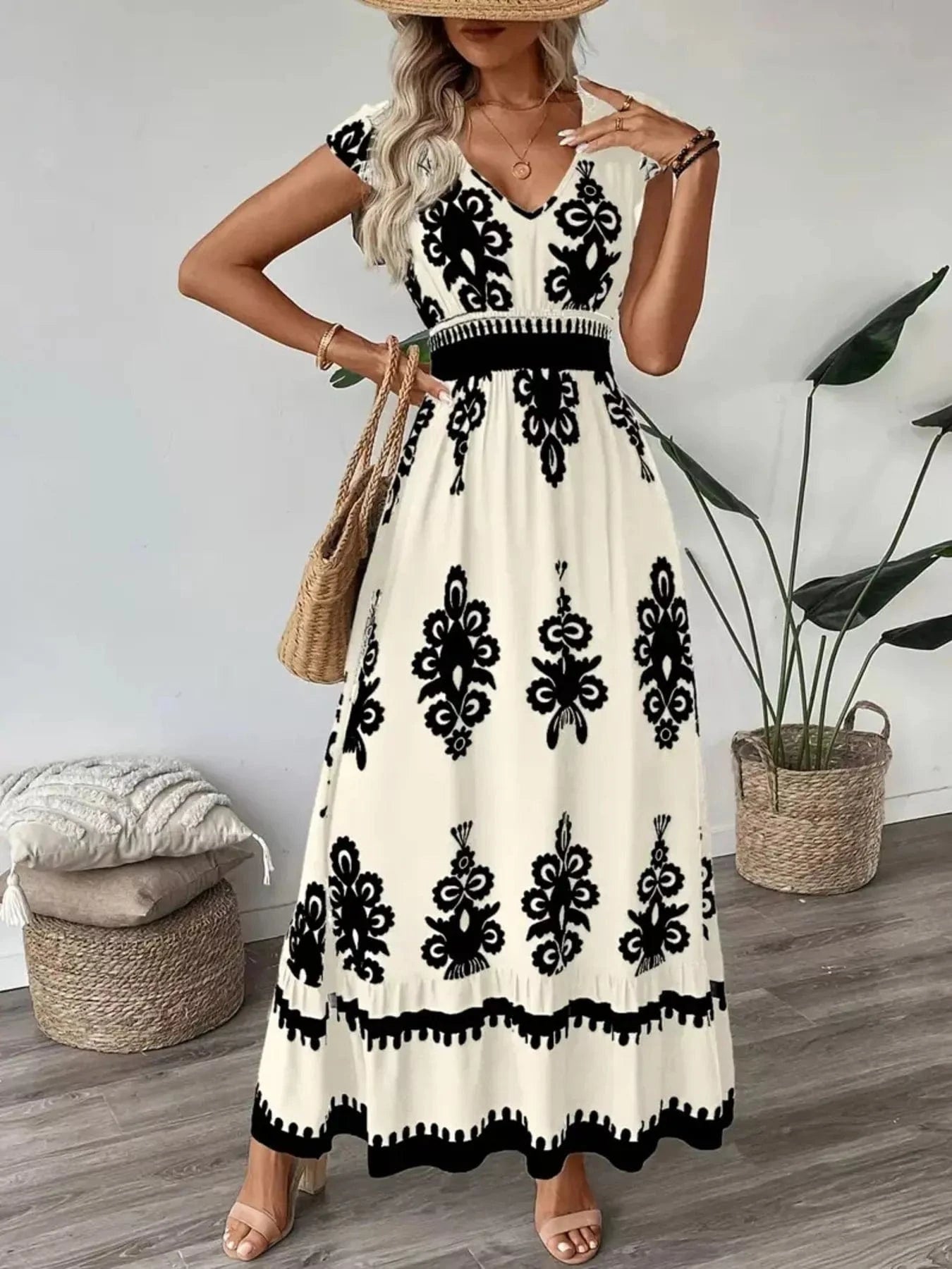 Apricot Printed V-Neck Ruffled Cap Sleeve Dress Ladies dresses