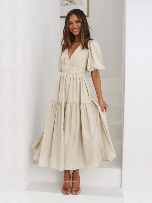 Beige Tiered Surplice Half Sleeve Midi Dress Ladies dresses