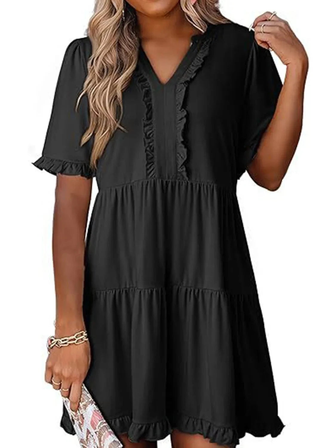Black Tiered Notched Short Sleeve Mini Dress Ladies dresses