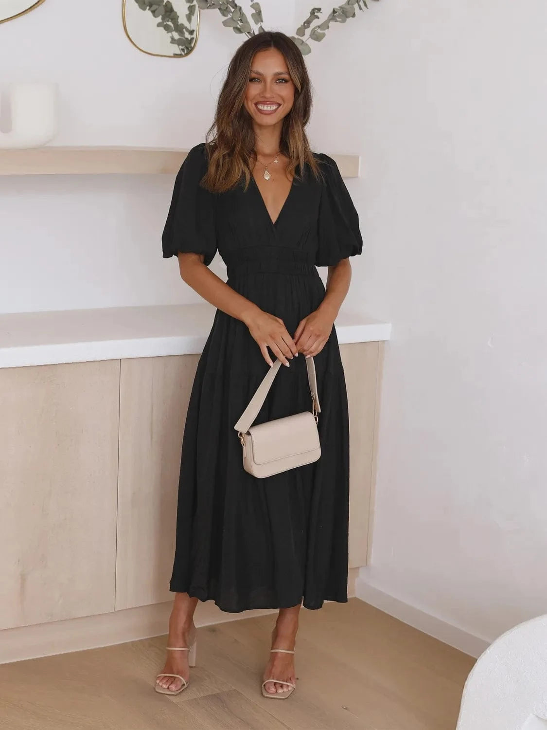 Black Tiered Surplice Half Sleeve Midi Dress Ladies dresses