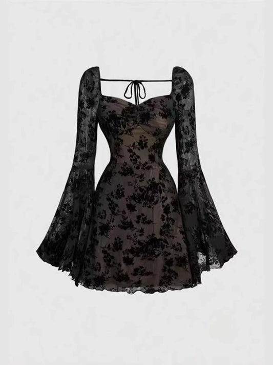 Black Lace Flare Sleeve Mini Dress Ladies dresses