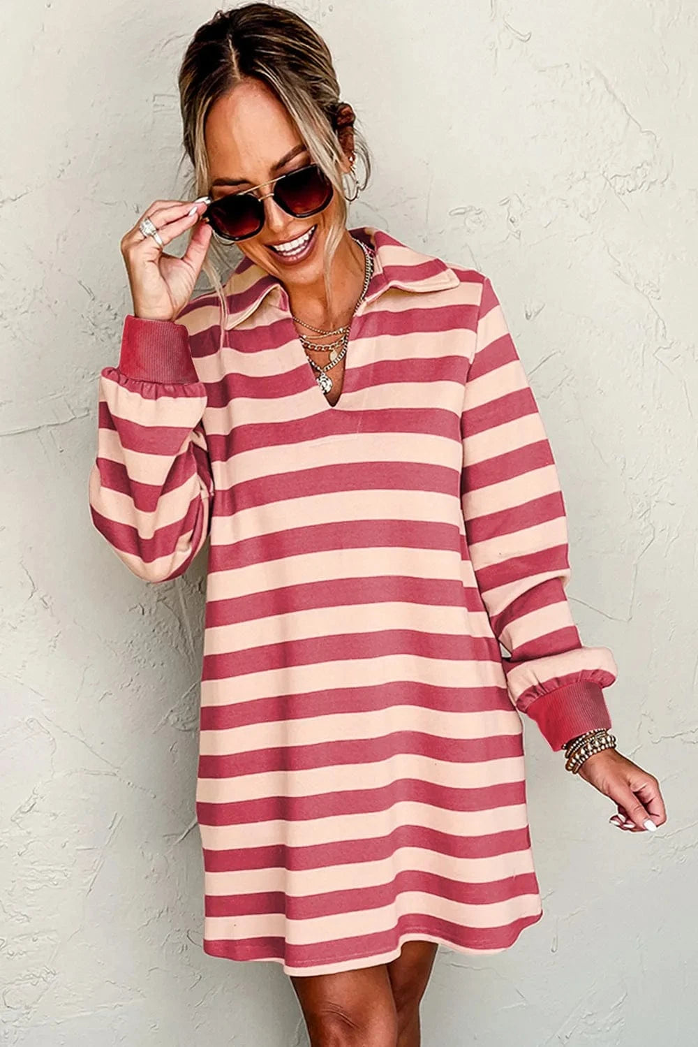Contrast Striped Johnny Collar Long Sleeve Mini Dress Ladies dresses