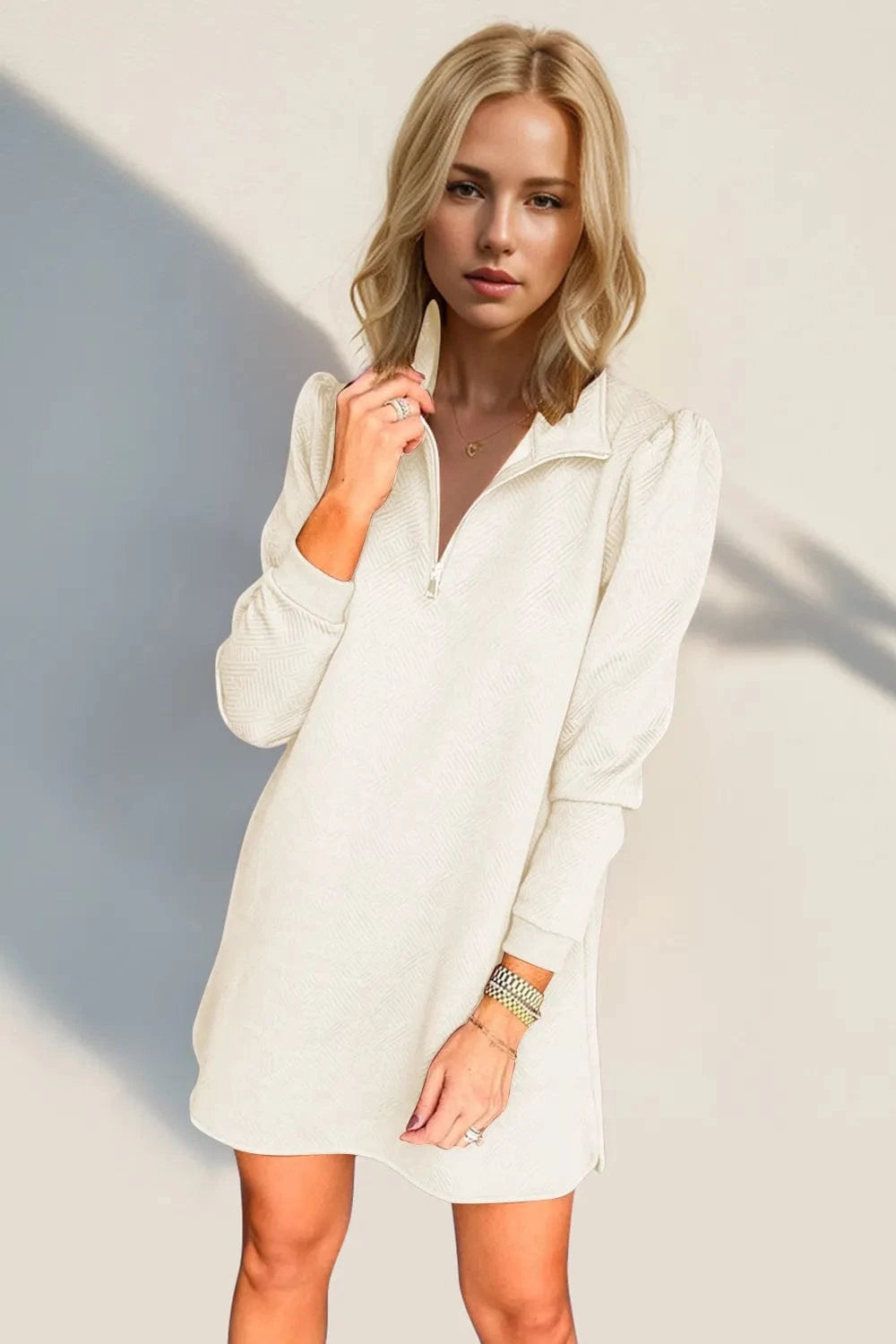 Cream Double Take Textured Quarter Zip Long Sleeve Dress Ladies dresses