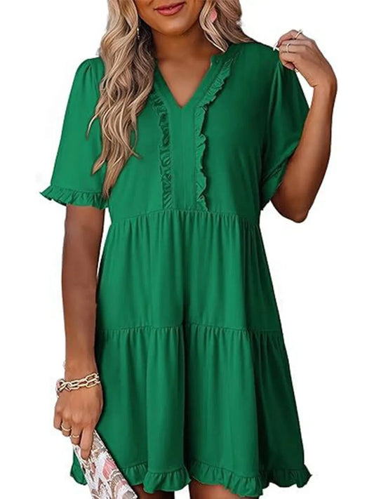 Dark Green Tiered Notched Short Sleeve Mini Dress Ladies dresses