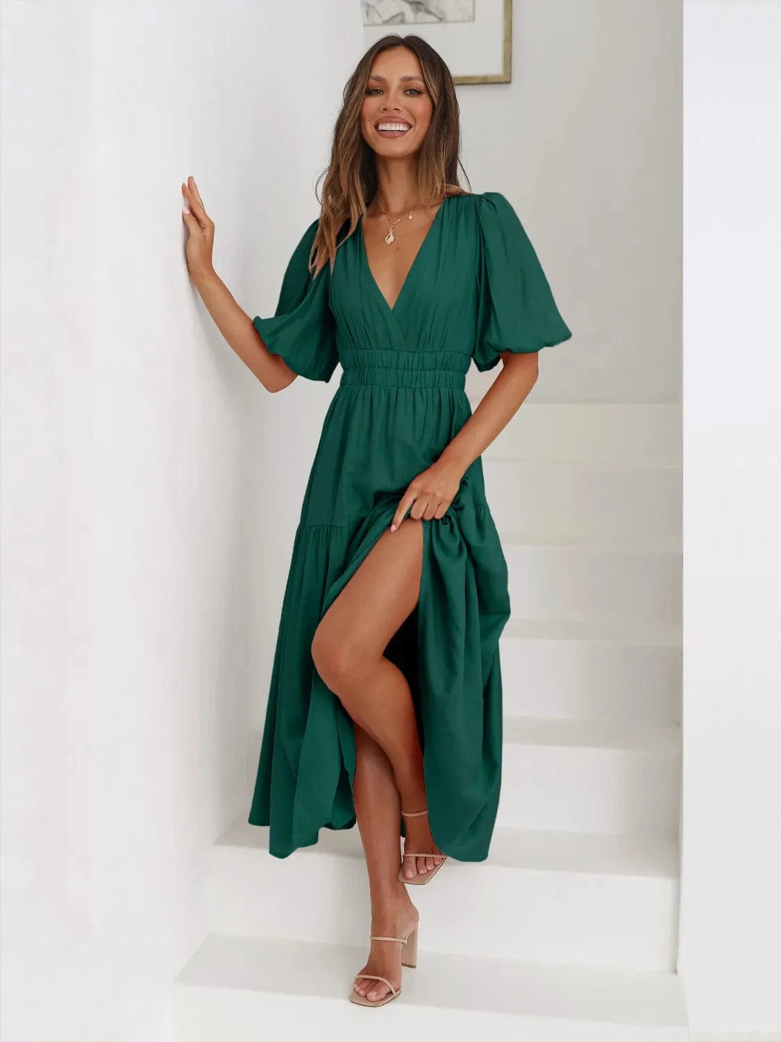 Dark Green Tiered Surplice Half Sleeve Midi Dress Ladies dresses