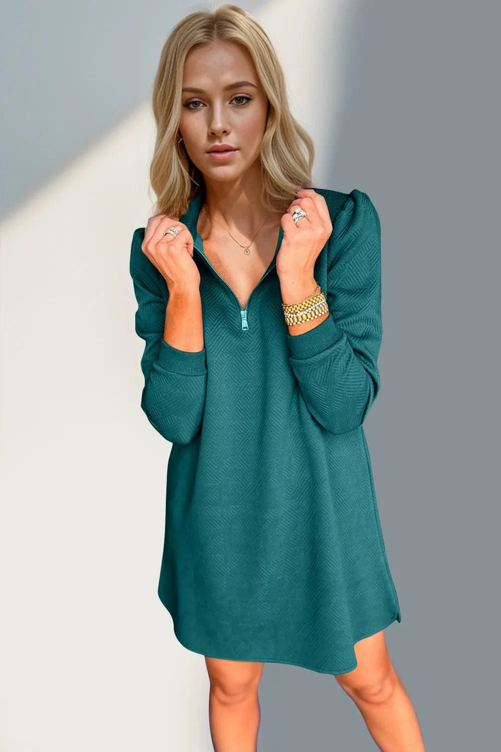 Double Take Textured Quarter Zip Long Sleeve Dress Ladies dresses