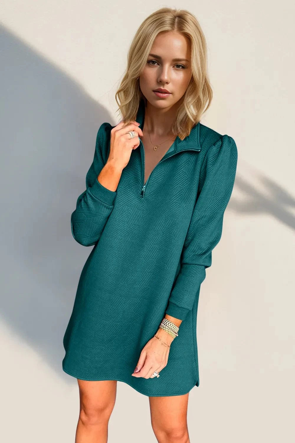 Double Take Textured Quarter Zip Long Sleeve Dress Ladies dresses