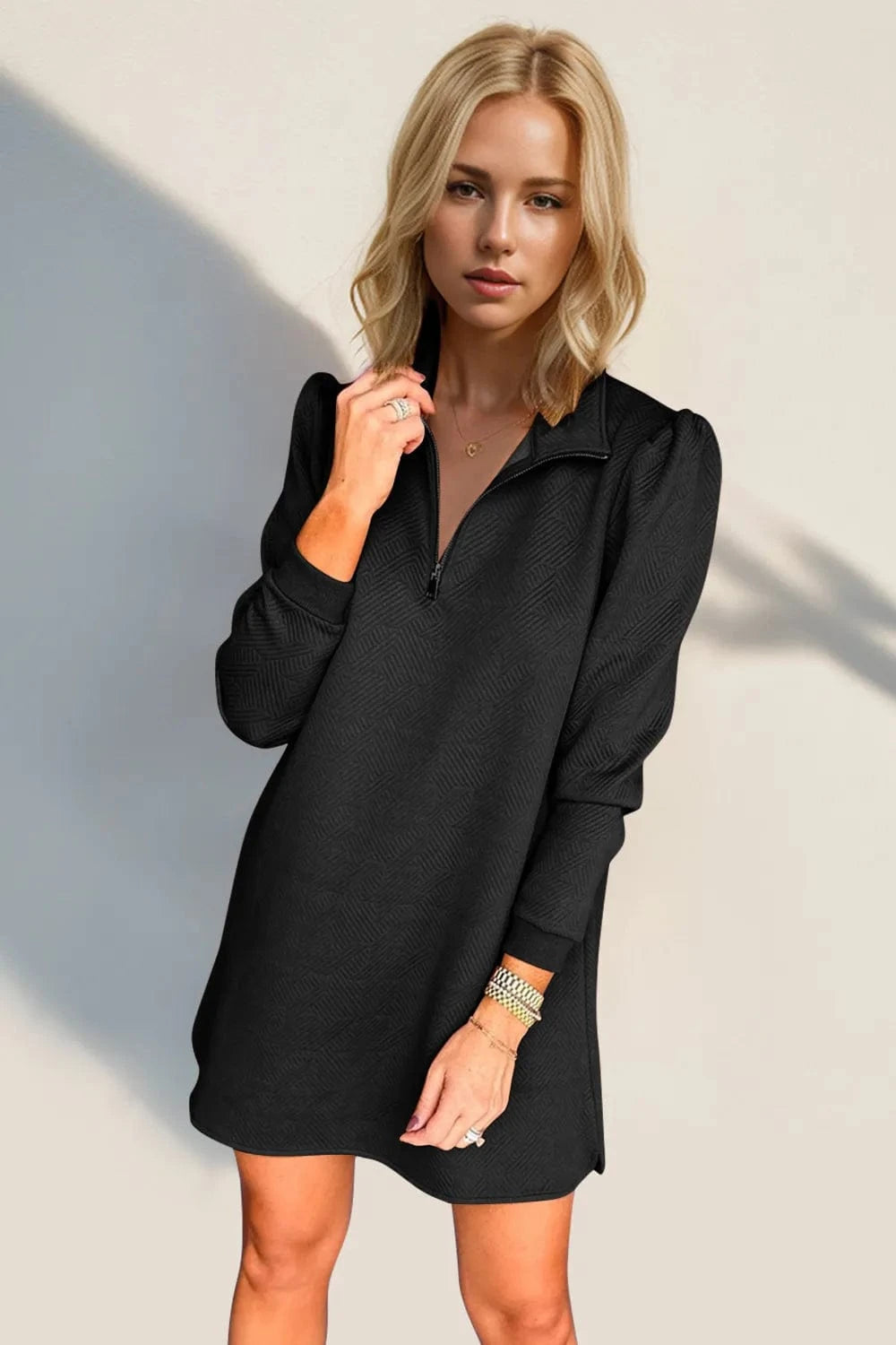 Double Take Textured Quarter Zip Long Sleeve Dress Ladies dresses