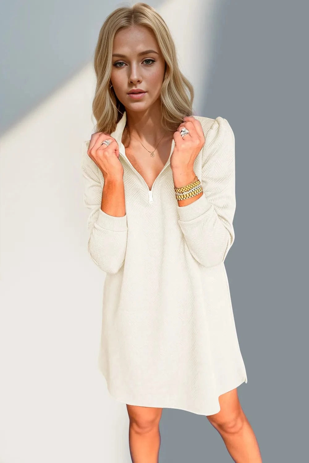 Double Take Textured Quarter Zip Long Sleeve Dress Ladies dresses