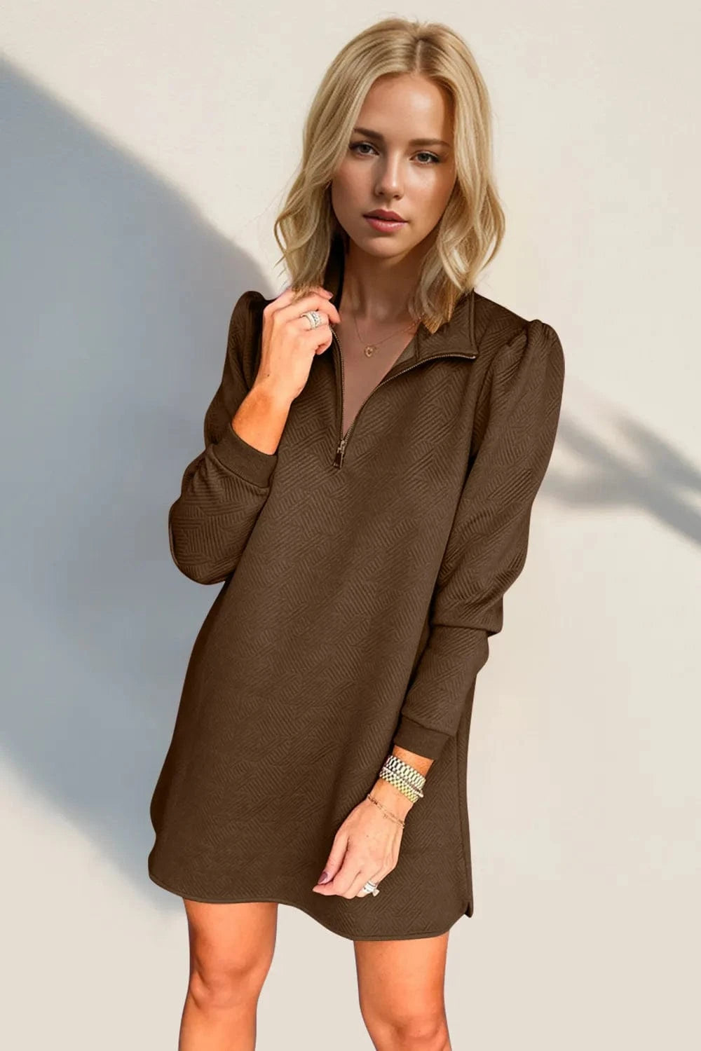 Double Take Textured Quarter Zip Long Sleeve Dress Ladies dresses