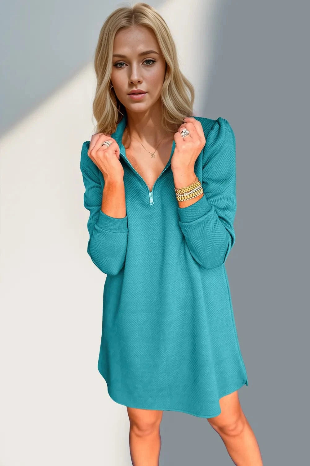 Double Take Textured Quarter Zip Long Sleeve Dress Ladies dresses