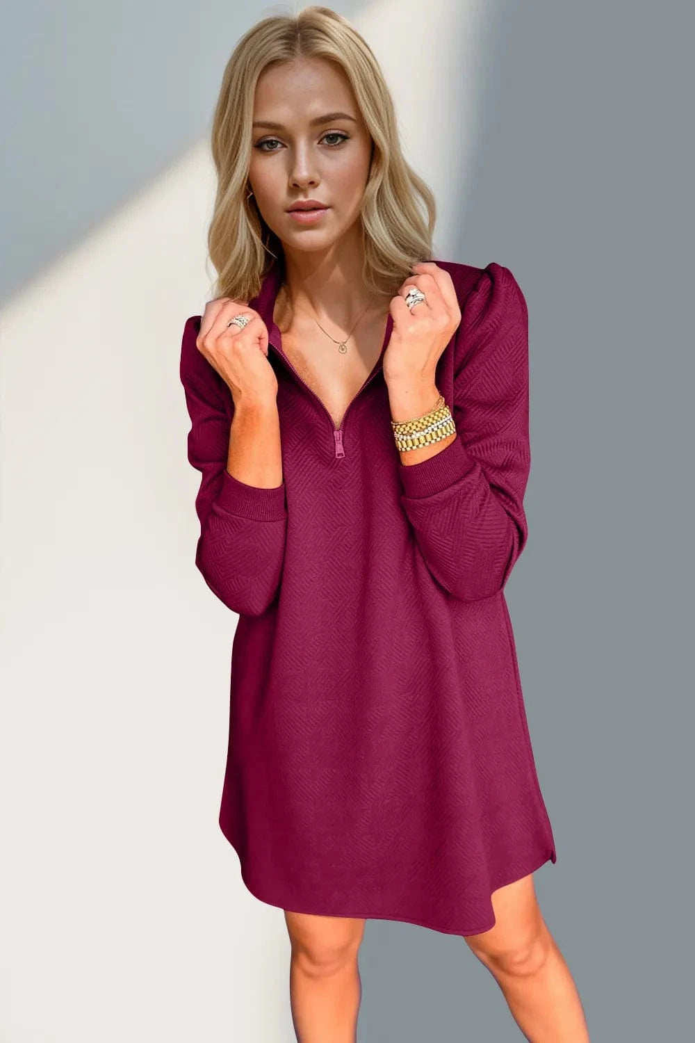 Double Take Textured Quarter Zip Long Sleeve Dress Ladies dresses