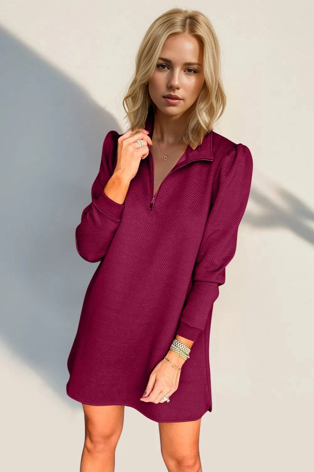 Double Take Textured Quarter Zip Long Sleeve Dress Ladies dresses