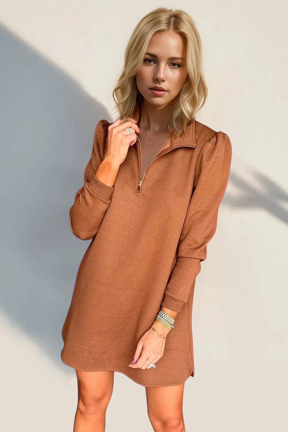 Double Take Textured Quarter Zip Long Sleeve Dress Ladies dresses