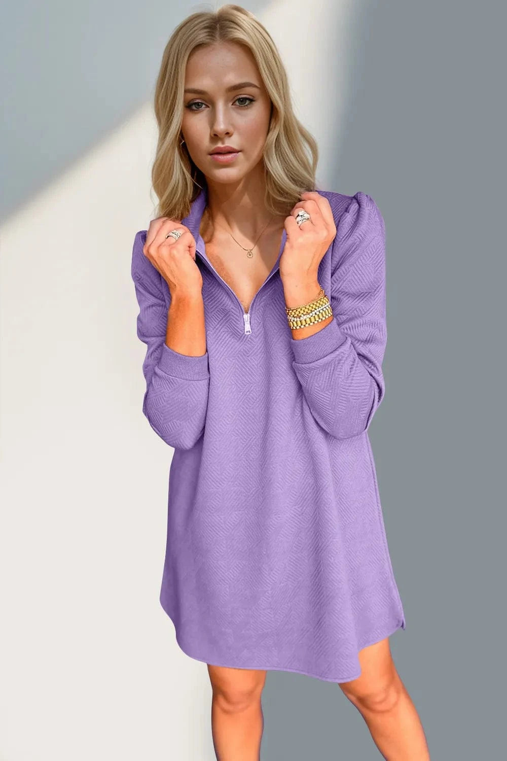 Double Take Textured Quarter Zip Long Sleeve Dress Ladies dresses