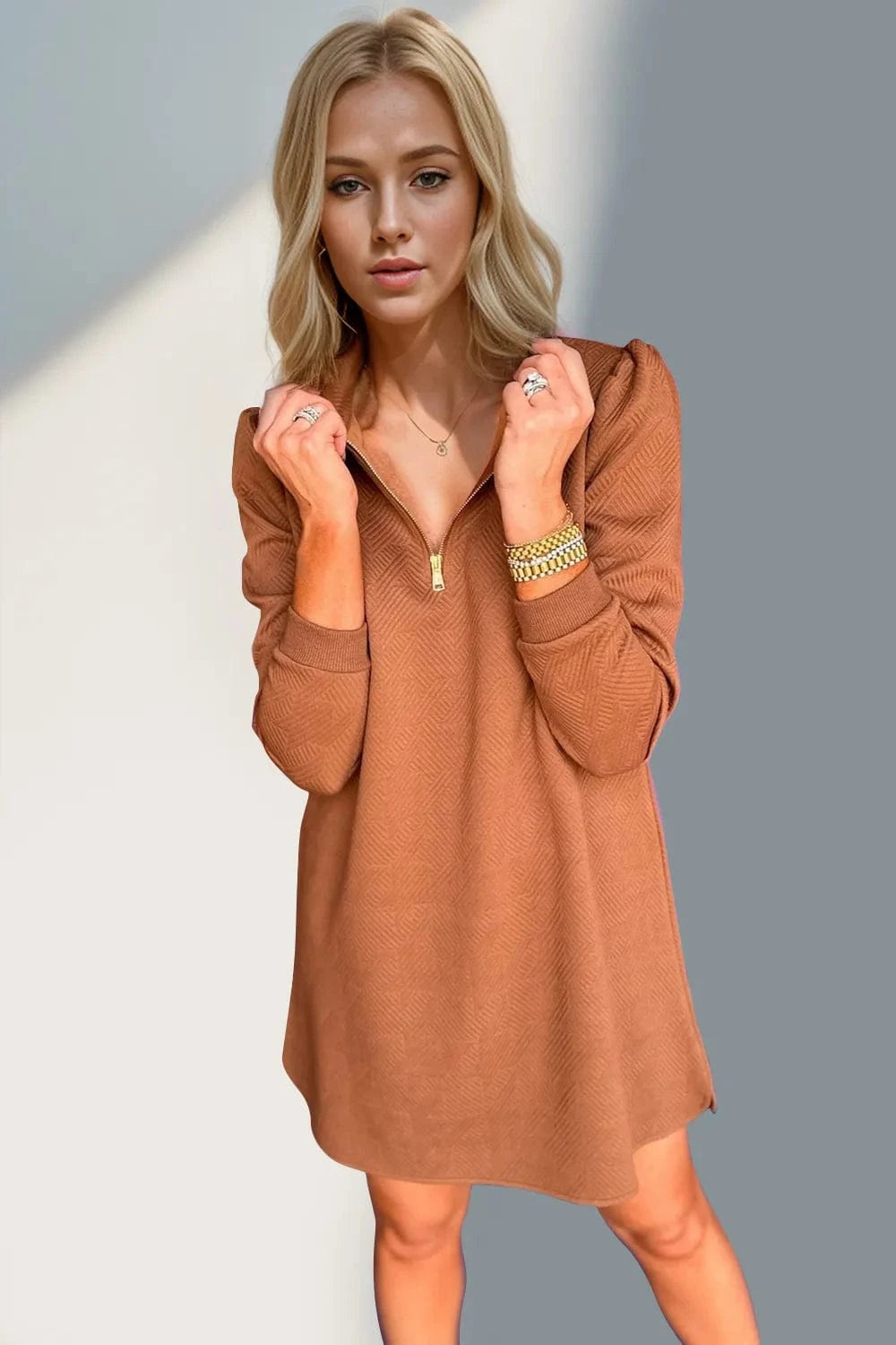 Double Take Textured Quarter Zip Long Sleeve Dress Ladies dresses