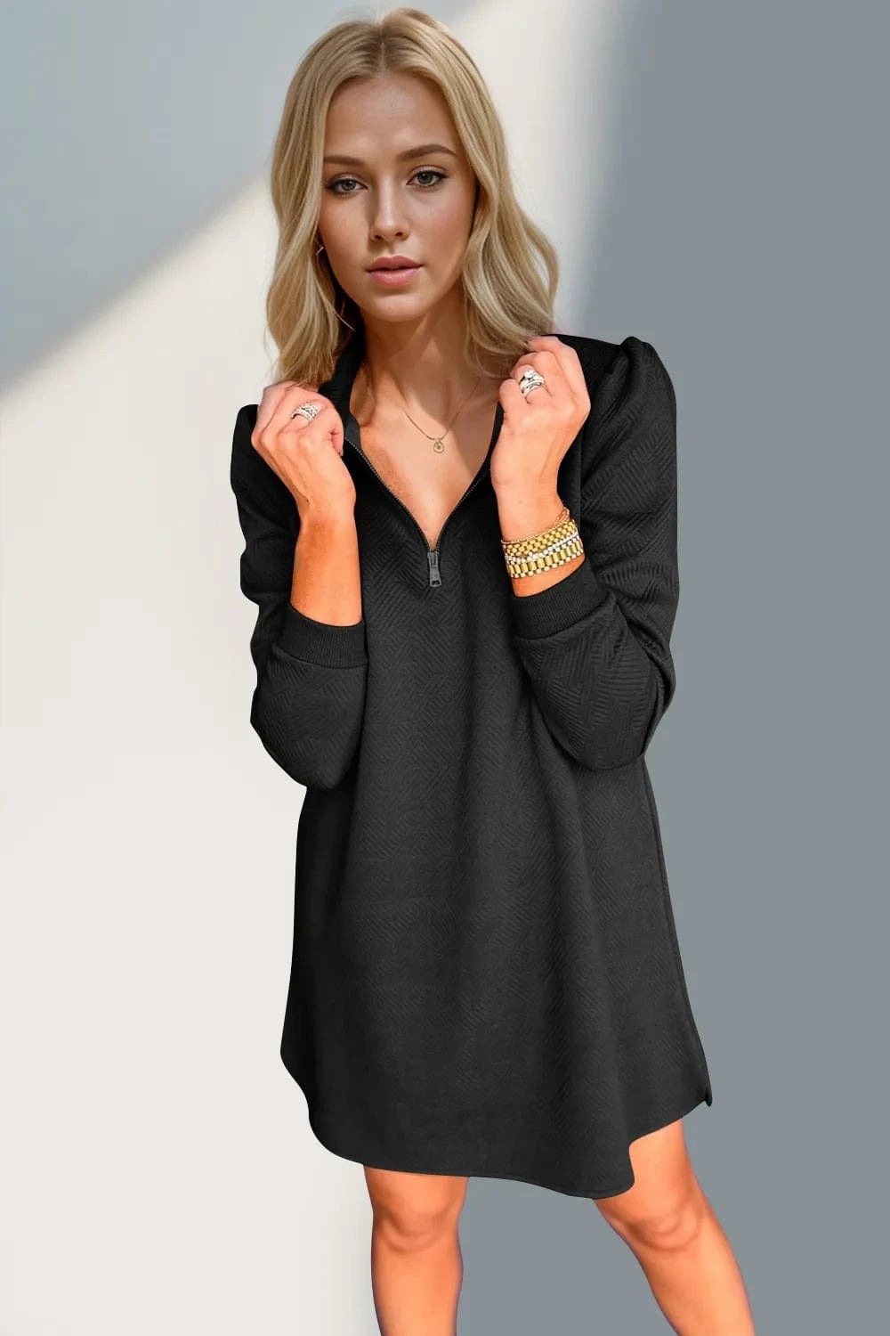 Double Take Textured Quarter Zip Long Sleeve Dress Ladies dresses