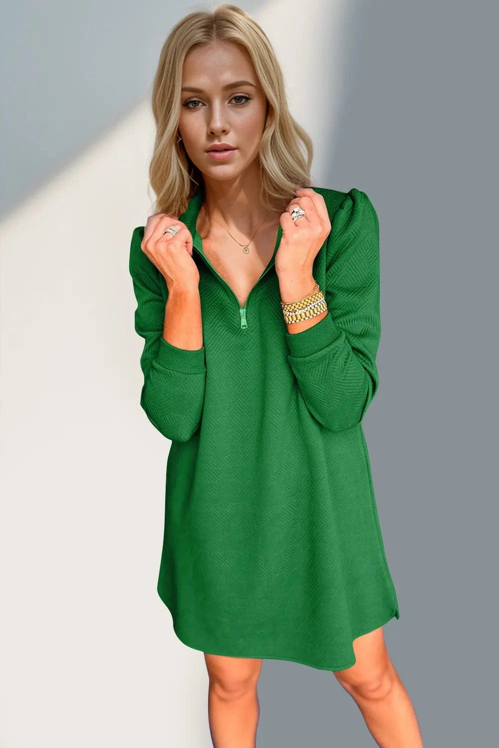 Double Take Textured Quarter Zip Long Sleeve Dress Ladies dresses