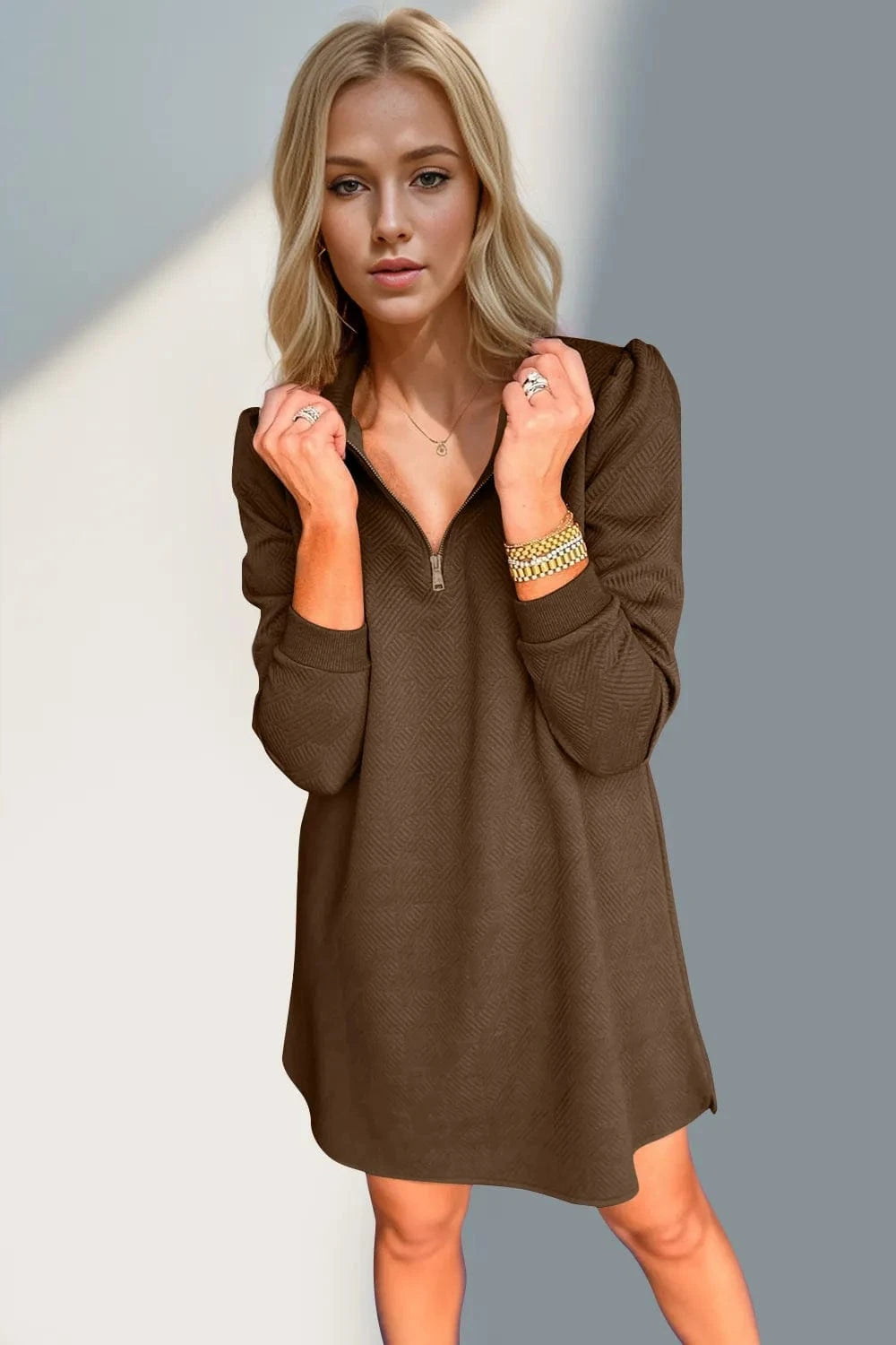 Double Take Textured Quarter Zip Long Sleeve Dress Ladies dresses