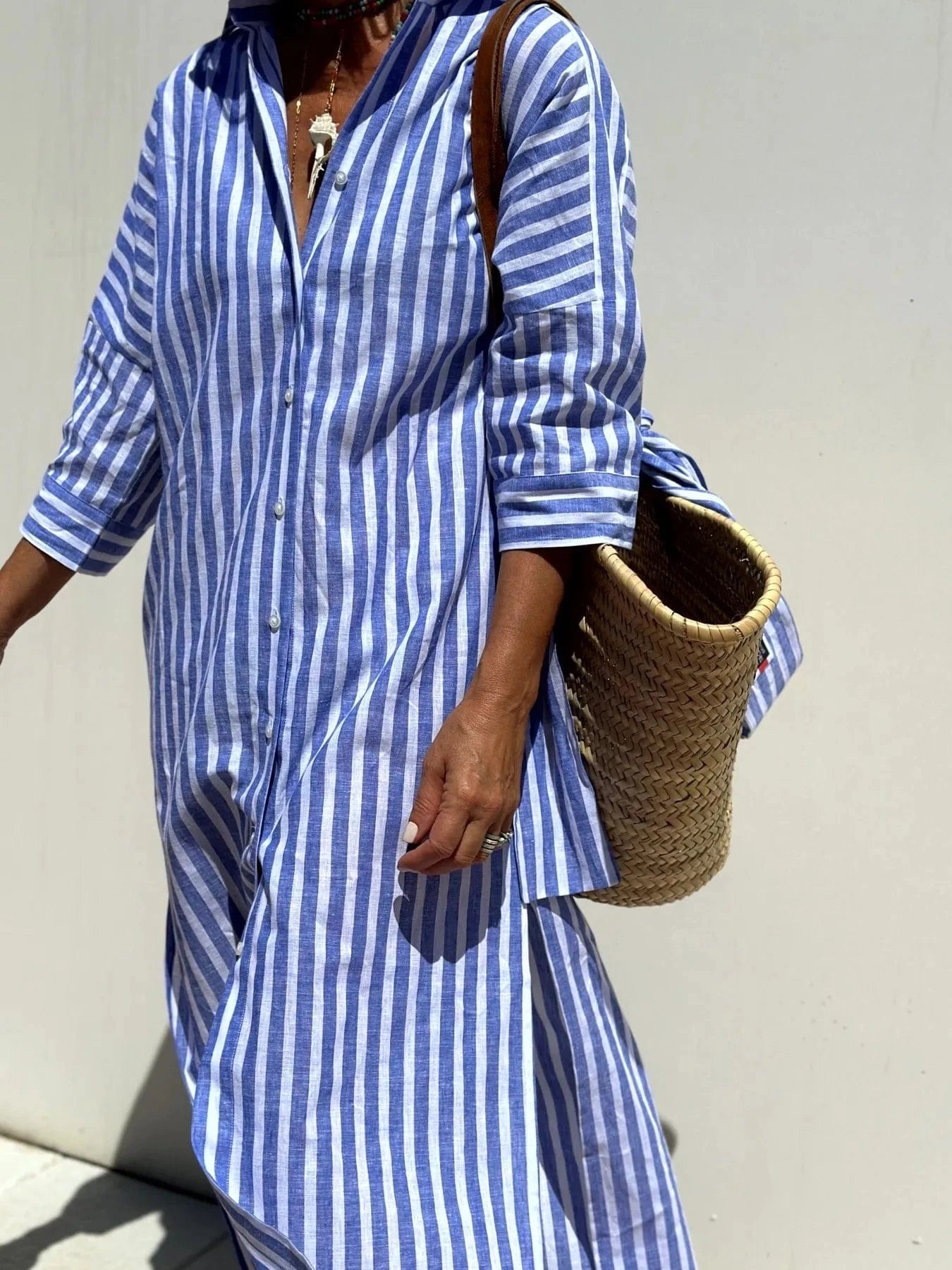 Dusty Blue Striped Long Sleeve Shirt Dress Ladies dresses
