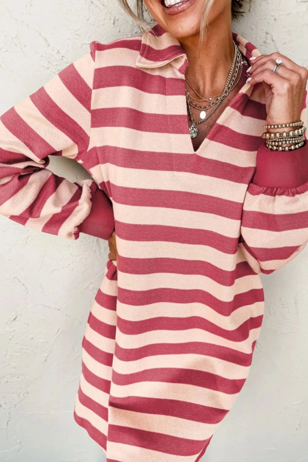 Dusty Pink Contrast Striped Johnny Collar Long Sleeve Mini Dress Ladies dresses
