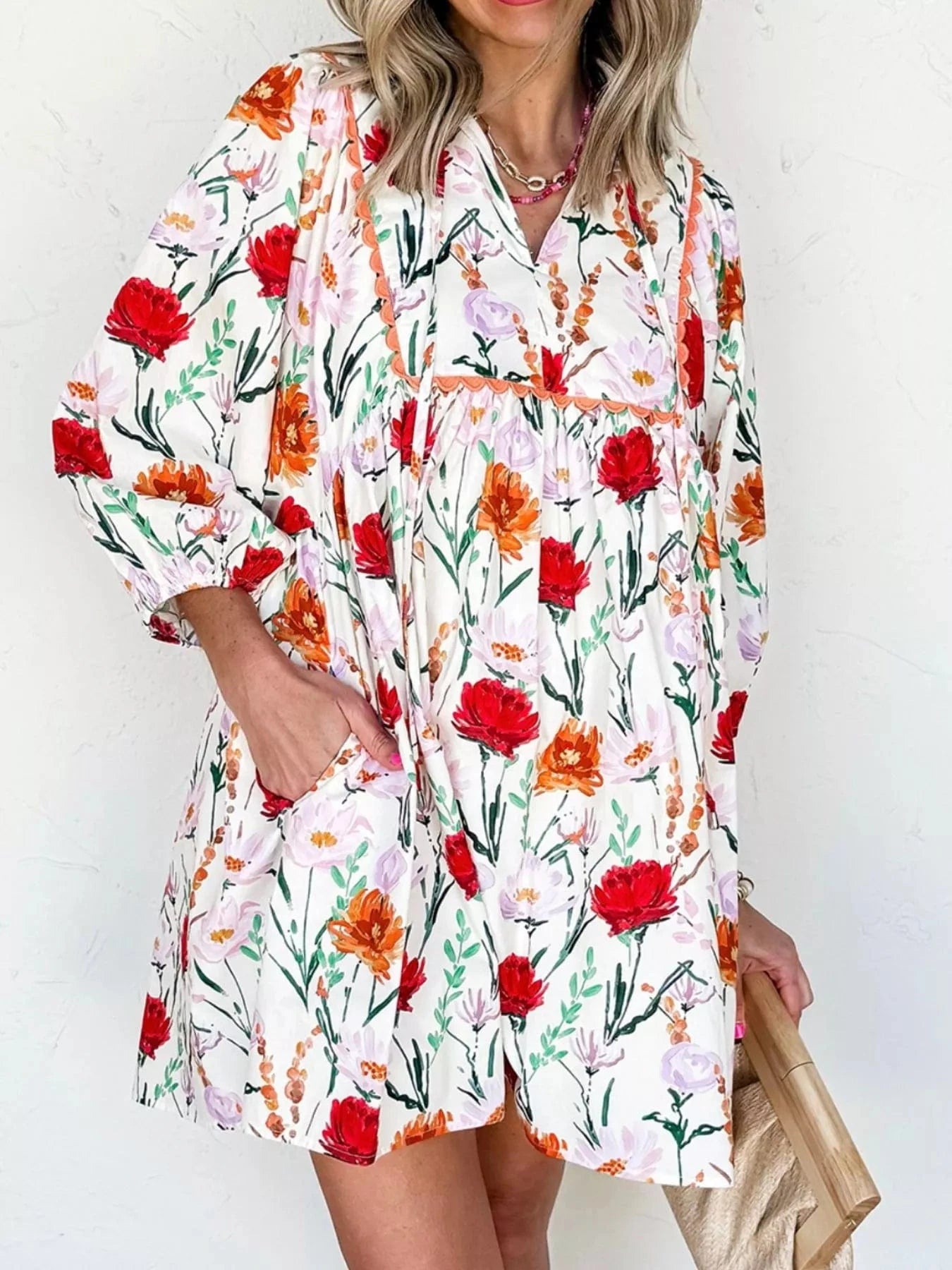 Floral Print 3/4 Sleeve Mini Dress Ladies dresses