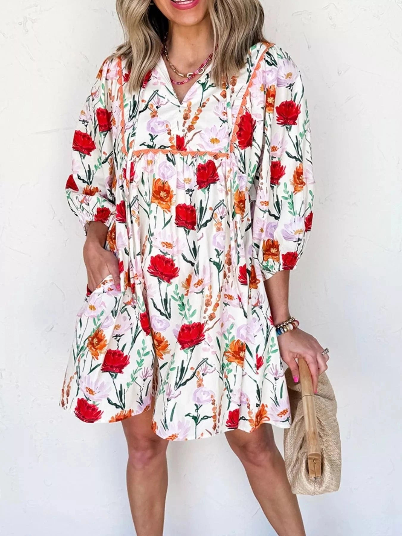 Floral Print 3/4 Sleeve Mini Dress Ladies dresses