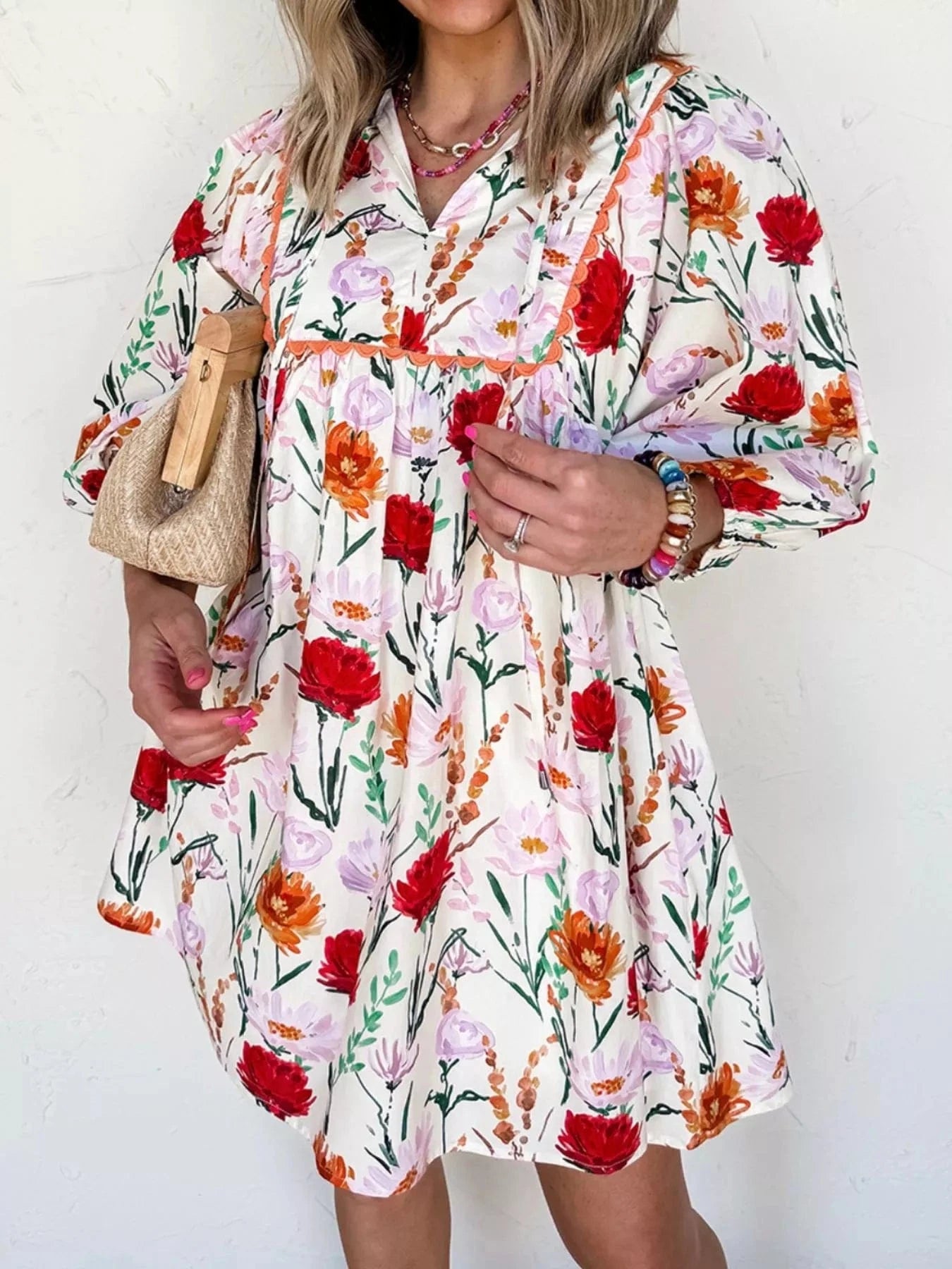 Floral Print 3/4 Sleeve Mini Dress Ladies dresses