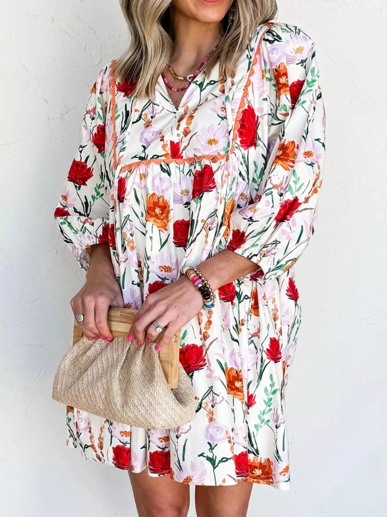 Floral Floral Print 3/4 Sleeve Mini Dress Ladies dresses