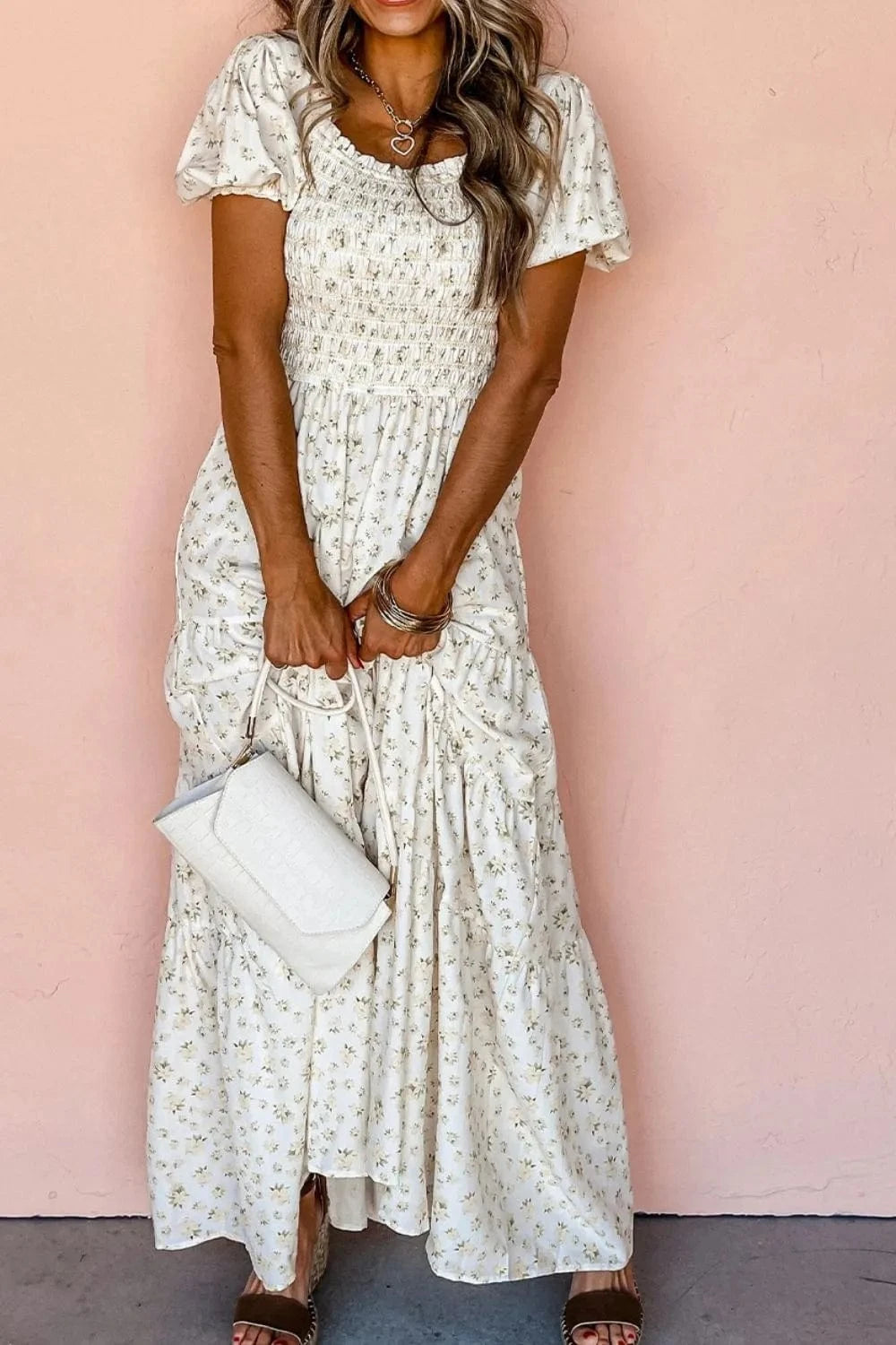 Floral Smocked Short Puff Sleeve Maxi Dress Ladies dresses
