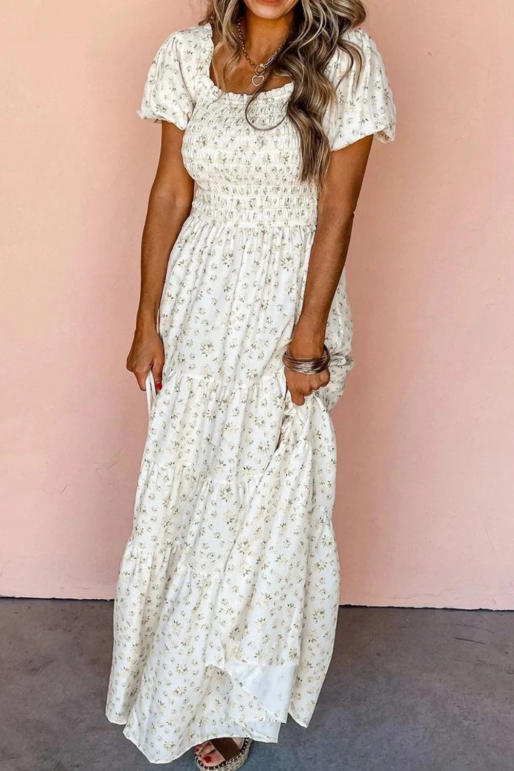 Floral Smocked Short Puff Sleeve Maxi Dress Ladies dresses
