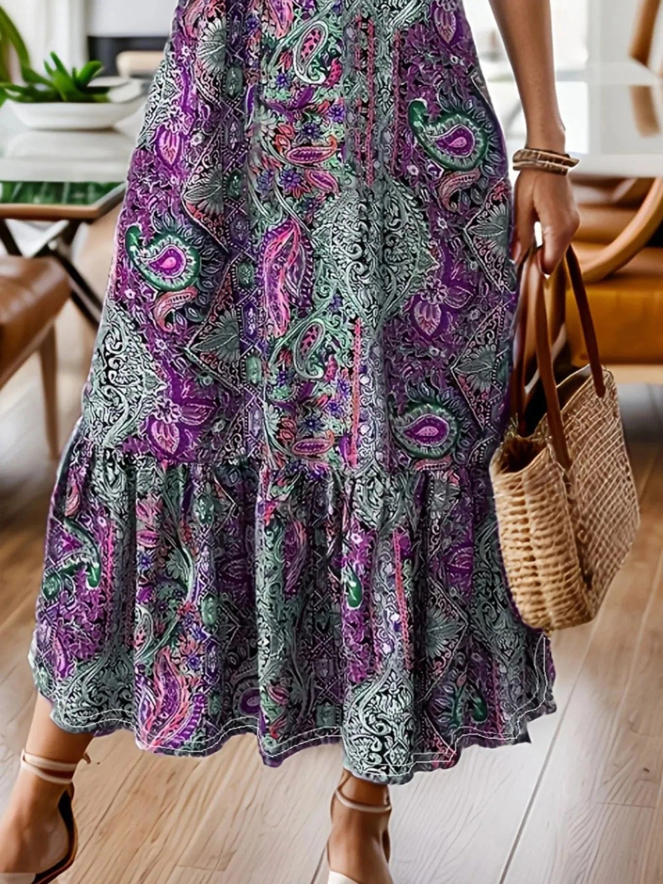 Full Size Bohemian Paisley Print Ruffle Hem Midi Dress Plus Size Ladies dresses