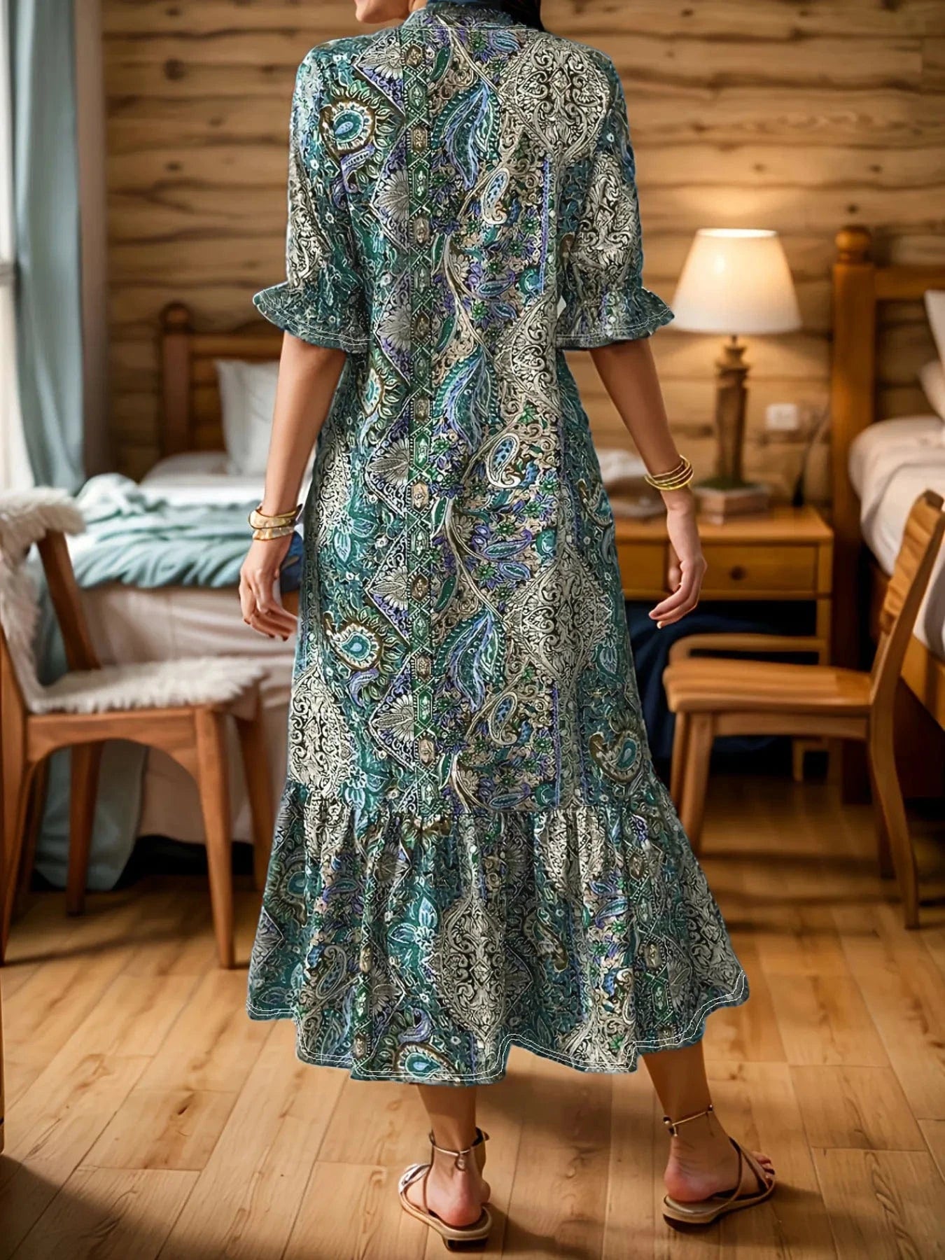 Full Size Bohemian Paisley Print Ruffle Hem Midi Dress Plus Size Ladies dresses
