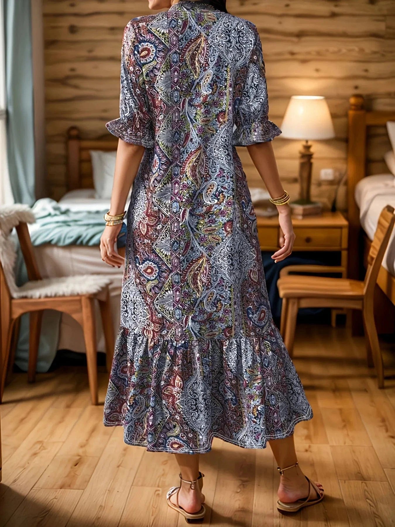 Full Size Bohemian Paisley Print Ruffle Hem Midi Dress Plus Size Ladies dresses