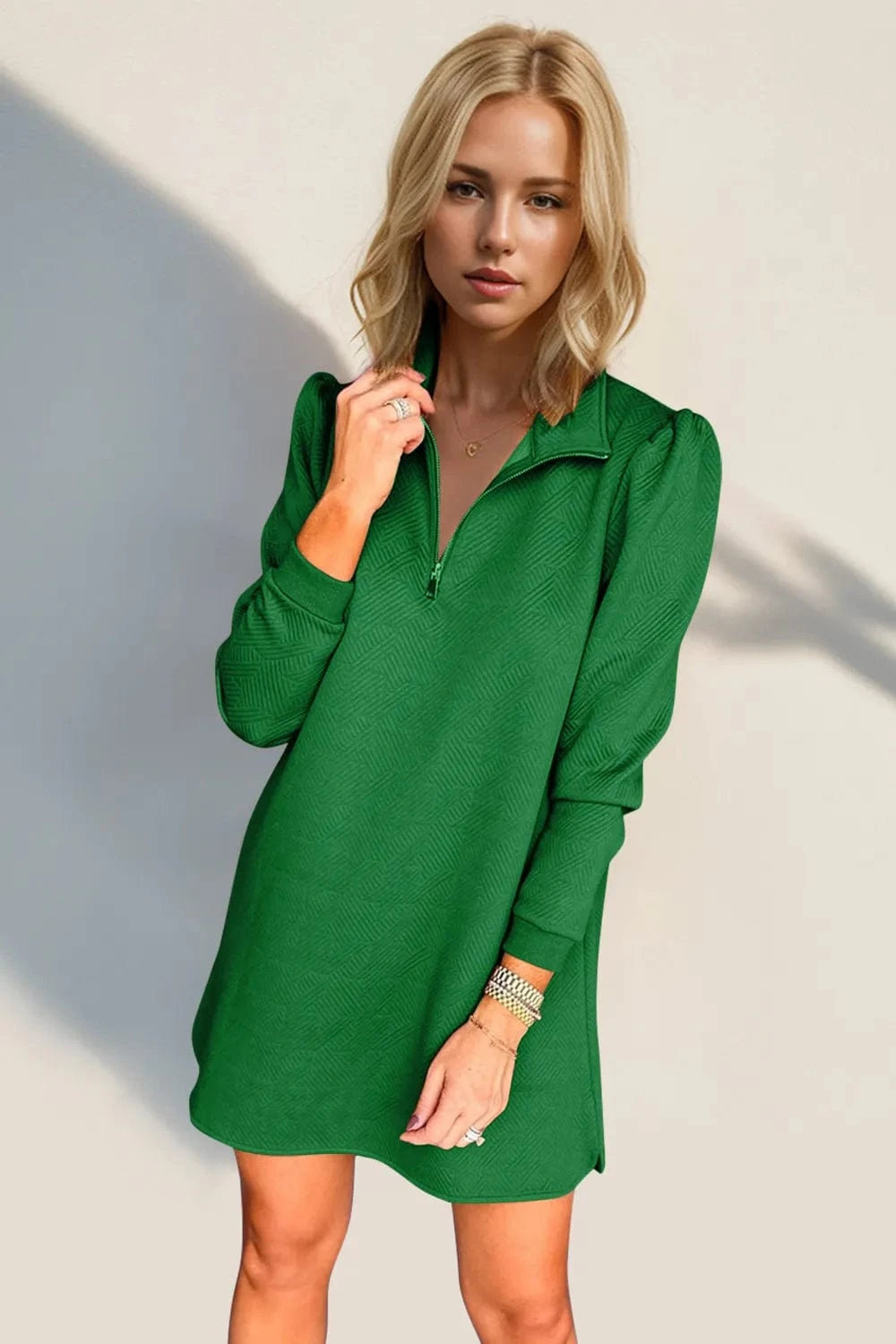 Green Double Take Textured Quarter Zip Long Sleeve Dress Ladies dresses