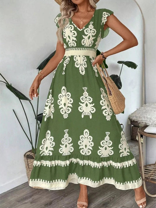 Green Printed V-Neck Ruffled Cap Sleeve Dress Ladies dresses