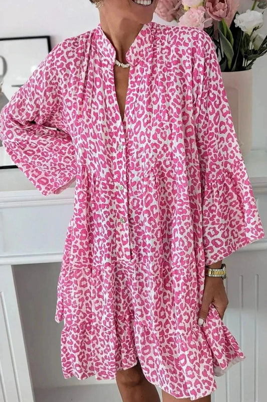 Hot Pink Leopard Notched Long Sleeve Shirt Dress Ladies dresses