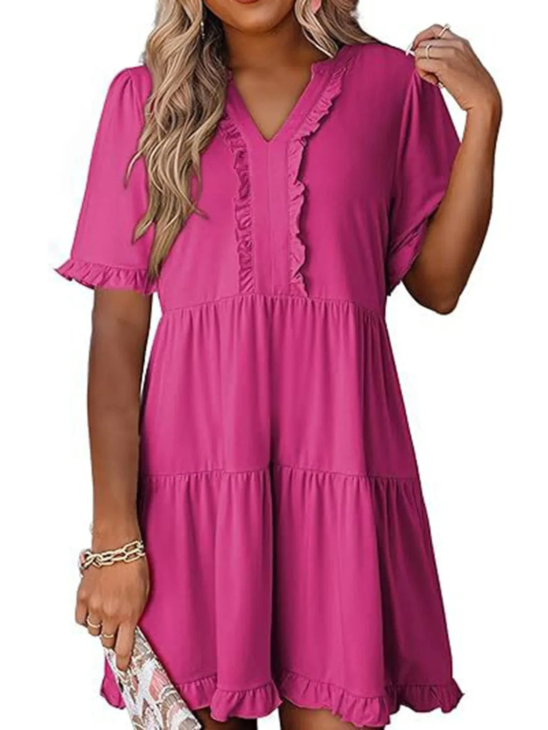 Hot Pink Tiered Notched Short Sleeve Mini Dress Ladies dresses