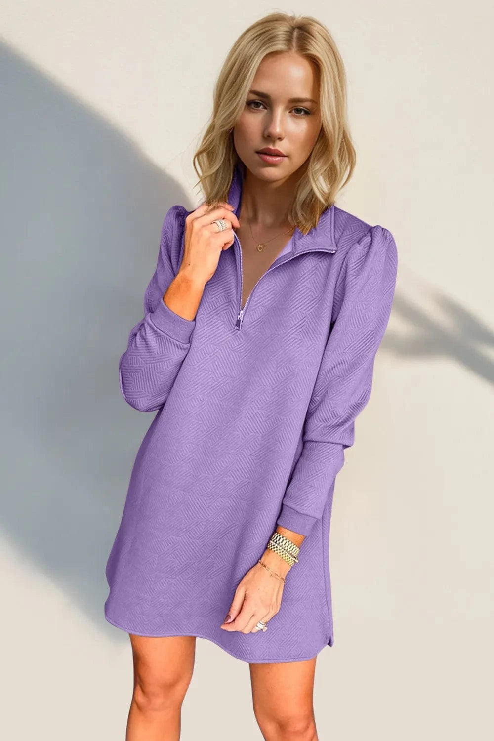 Lavender Double Take Textured Quarter Zip Long Sleeve Dress Ladies dresses