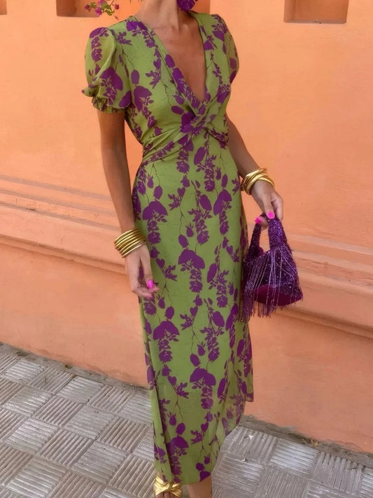 Moss Printed Plunge Short Sleeve Midi Dress Ladies dresses