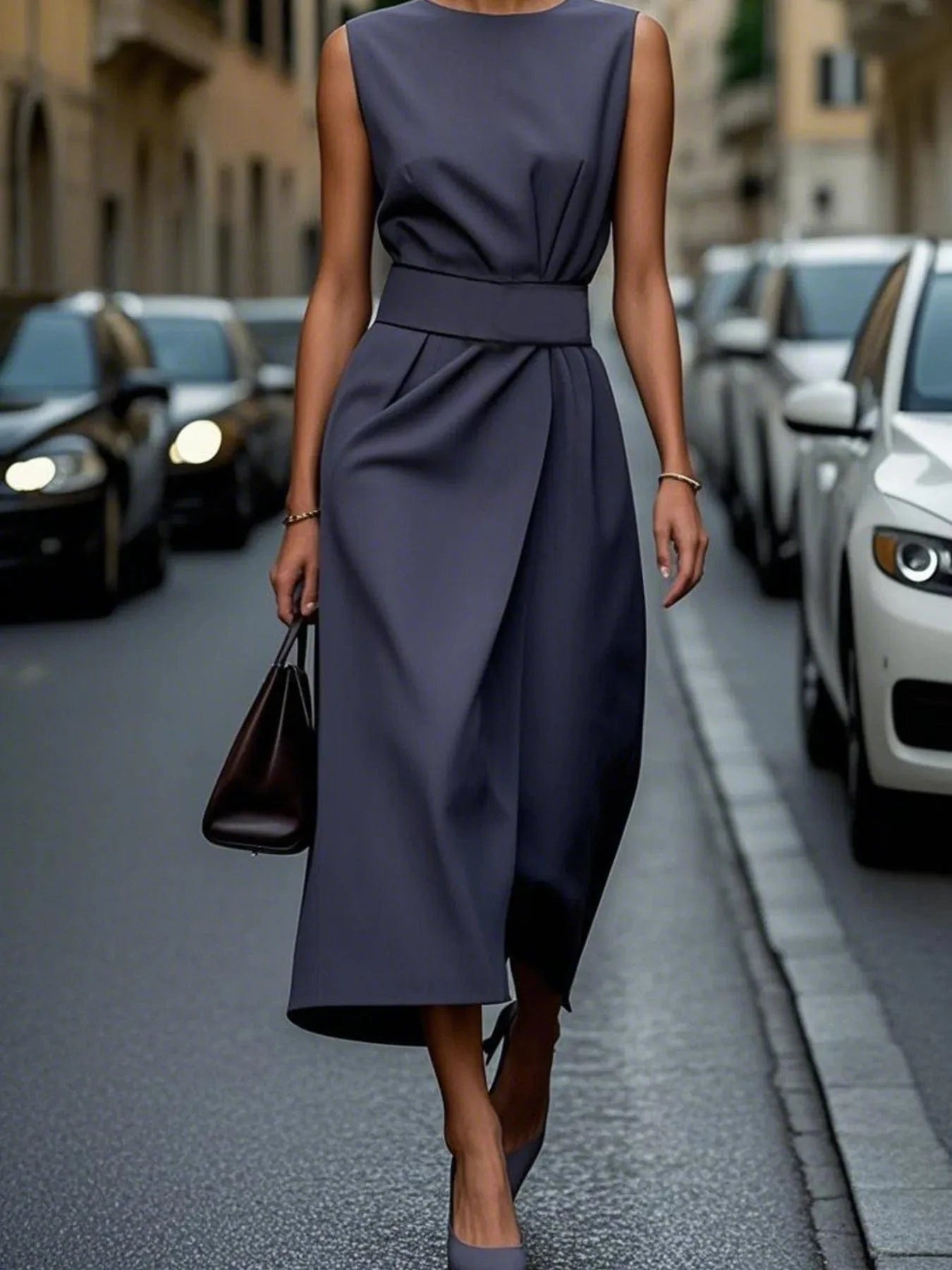 Navy Round Neck Sleeveless Midi Sheath Dress Ladies dresses