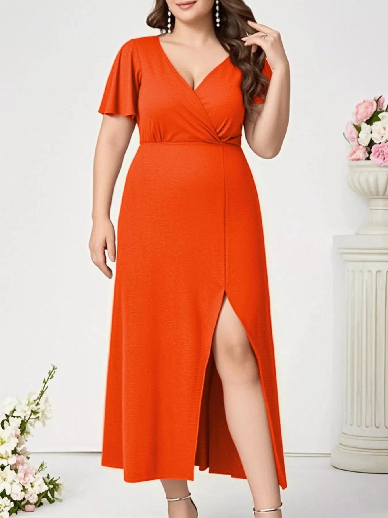 Orange Plus Size Surplice Flutter Sleeve Dress Ladies dresses