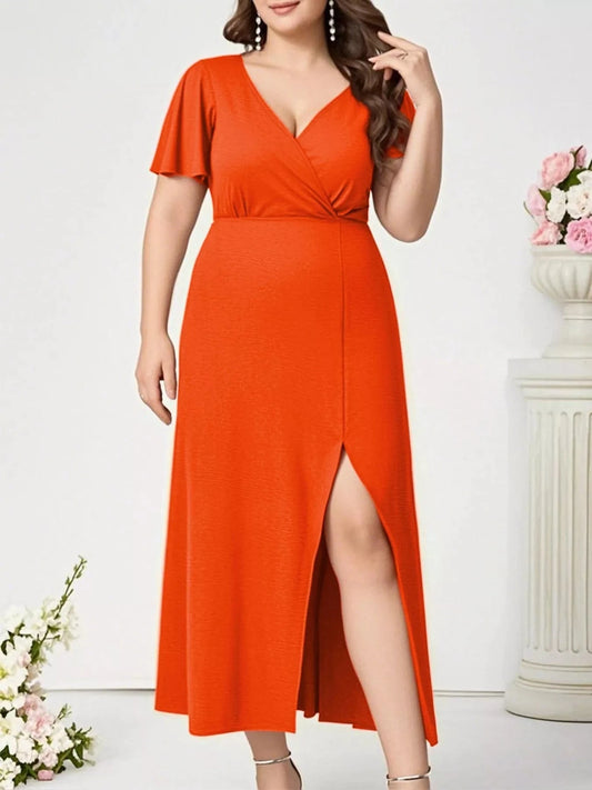 Orange Plus Size Surplice Flutter Sleeve Dress Ladies dresses