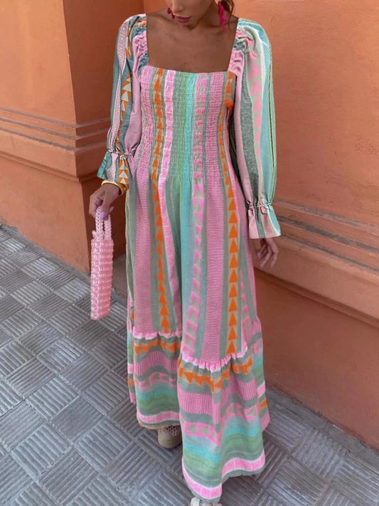 Pink Smocked Square Neck Flounce Sleeve Maxi Dress Ladies dresses