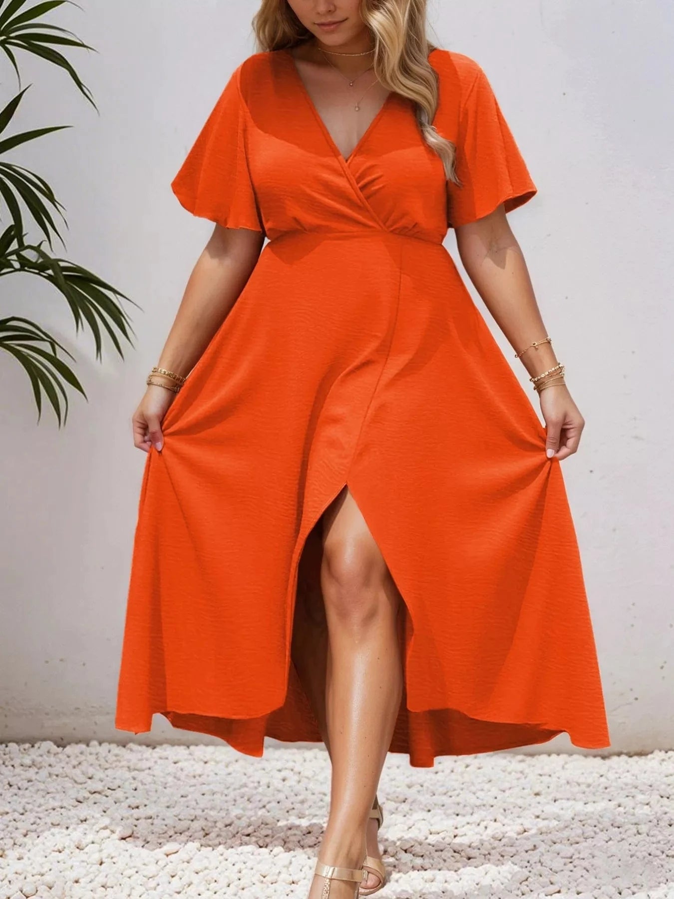 Plus Size Surplice Flutter Sleeve Dress Ladies dresses
