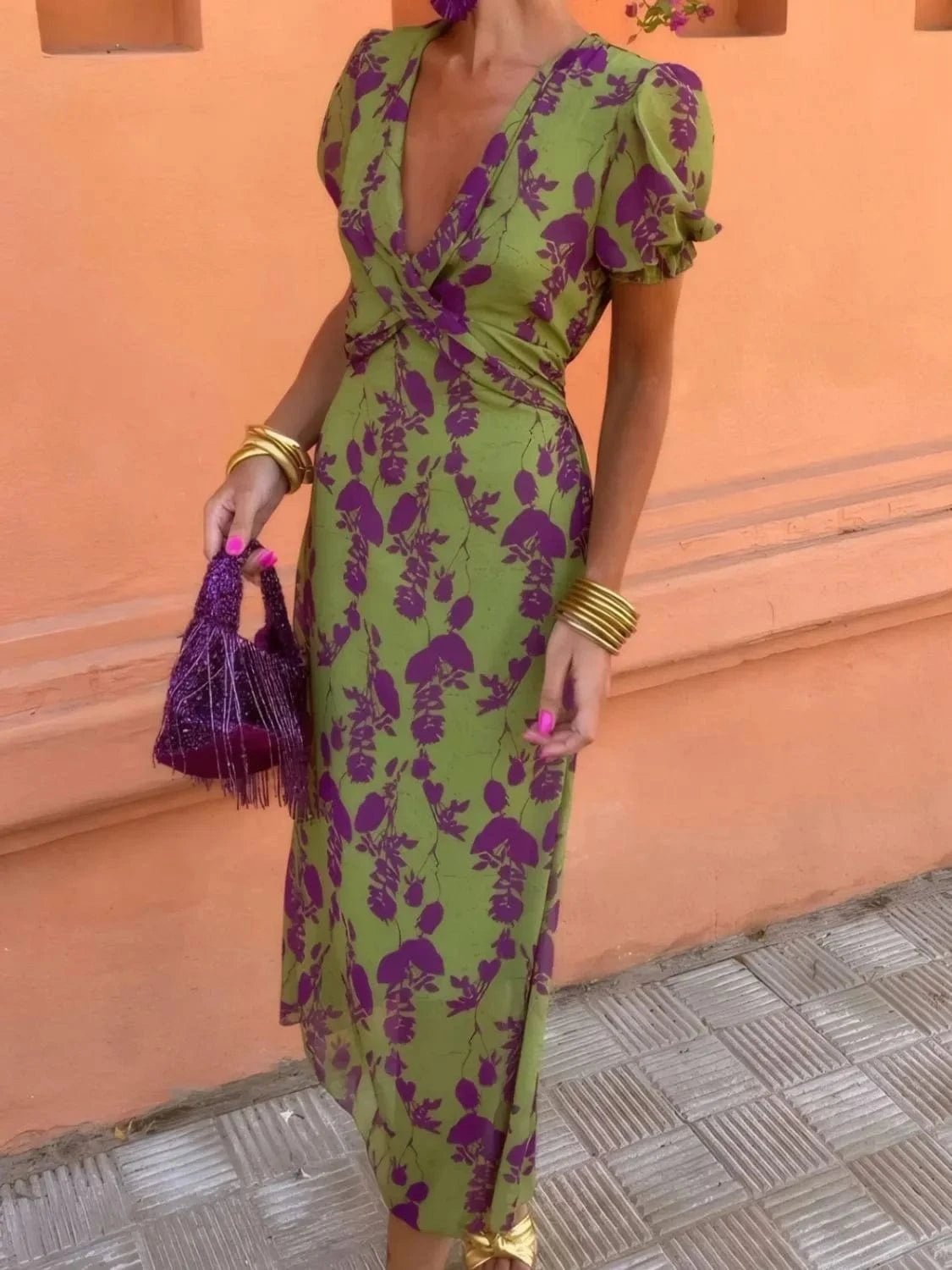 Printed Plunge Short Sleeve Midi Dress Ladies dresses