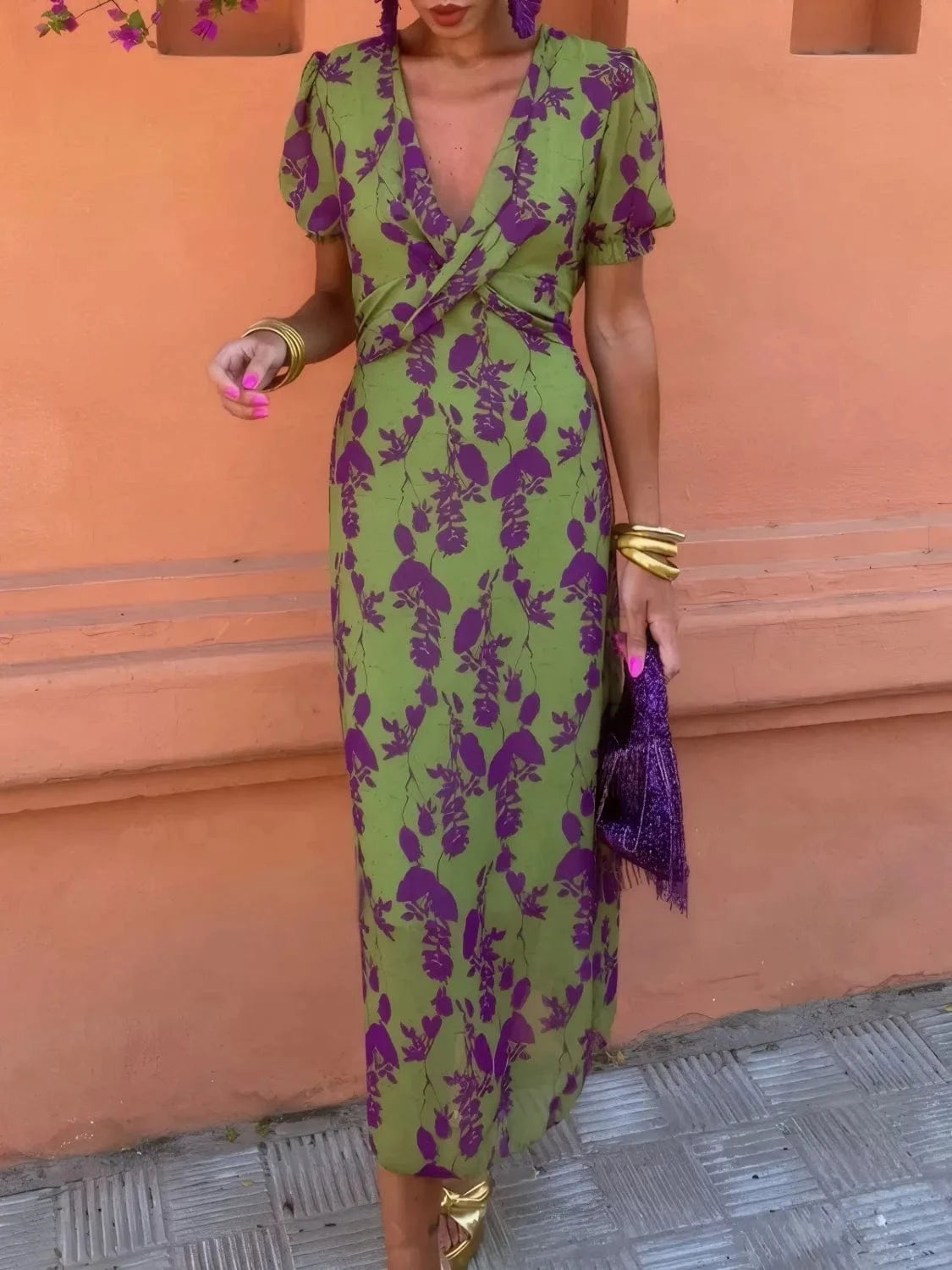 Printed Plunge Short Sleeve Midi Dress Ladies dresses
