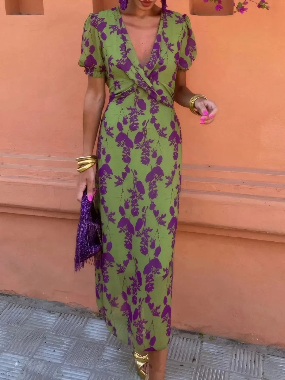 Printed Plunge Short Sleeve Midi Dress Ladies dresses