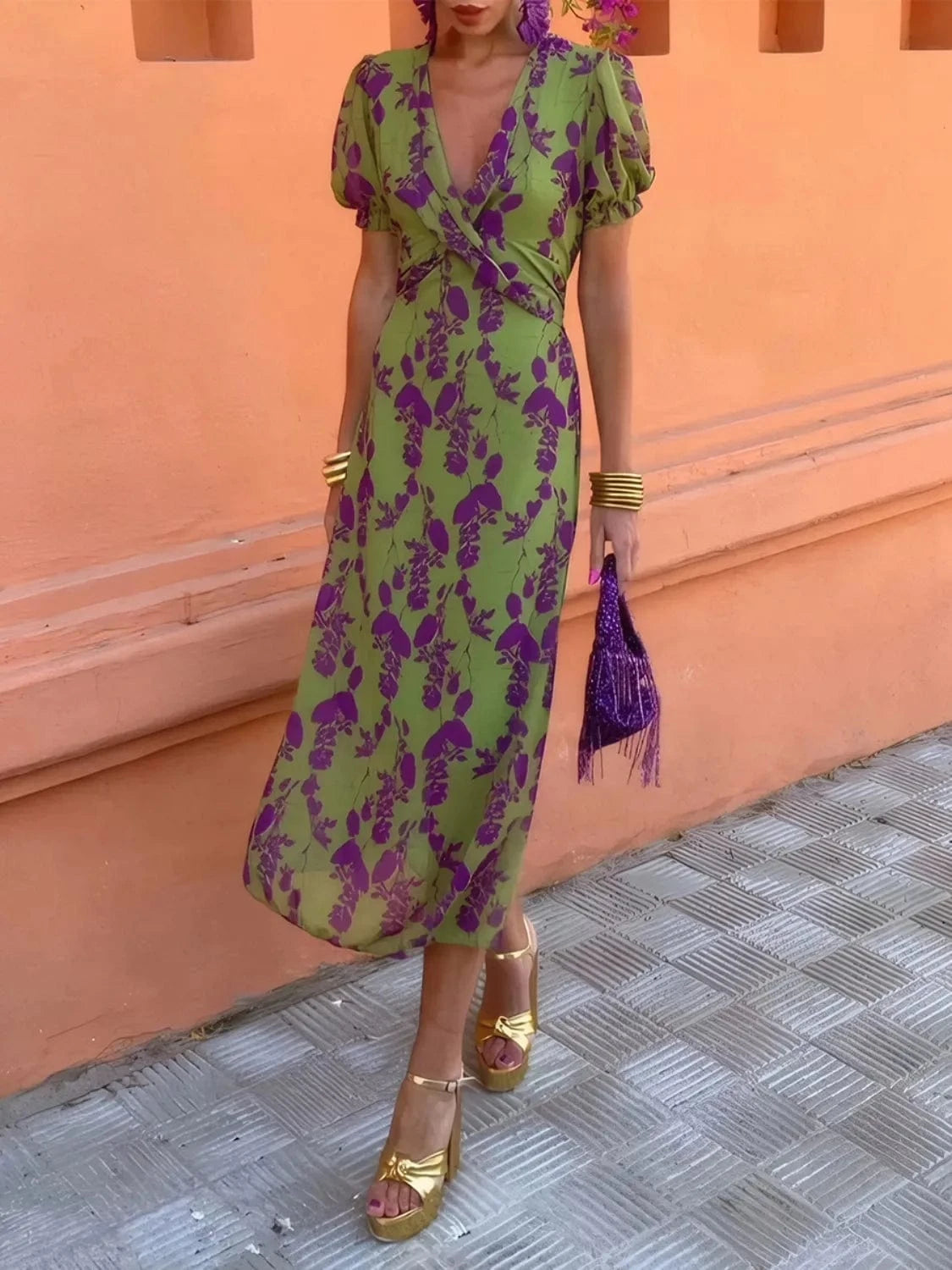 Printed Plunge Short Sleeve Midi Dress Ladies dresses
